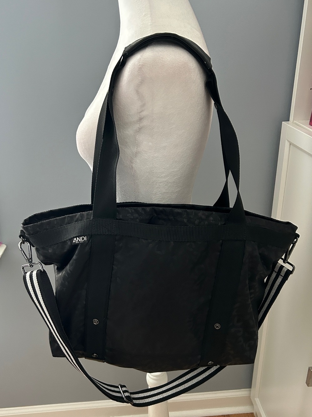 ANDI Black Leopard Convertible Tote Bag Backpack Crossbody Nylon Gym Travel
